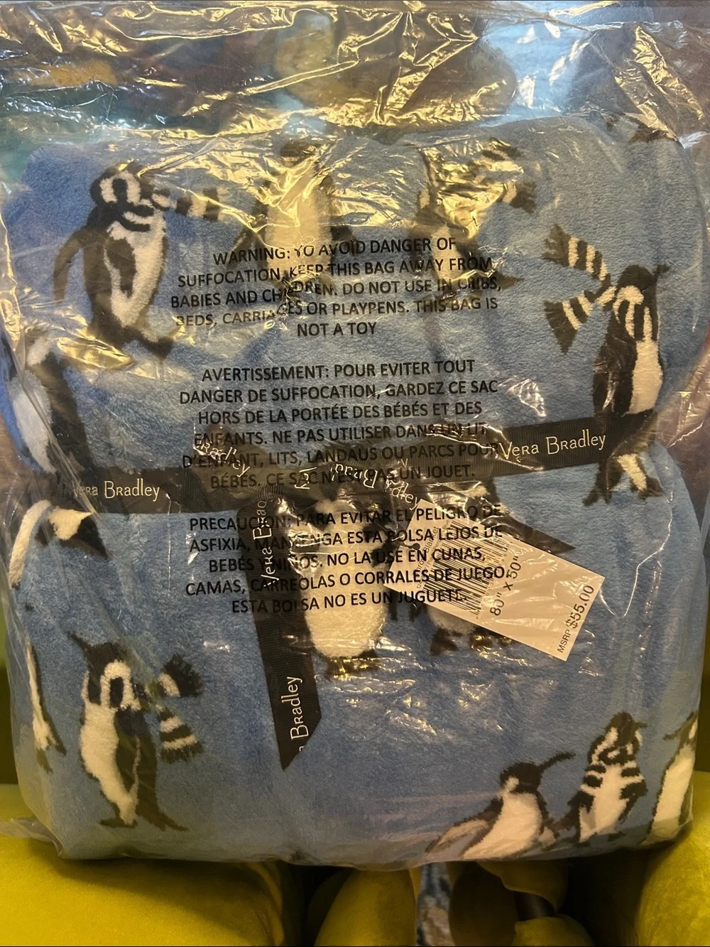 Vera Bradley Playful Penguins Blue Throw Blanket measuring 80